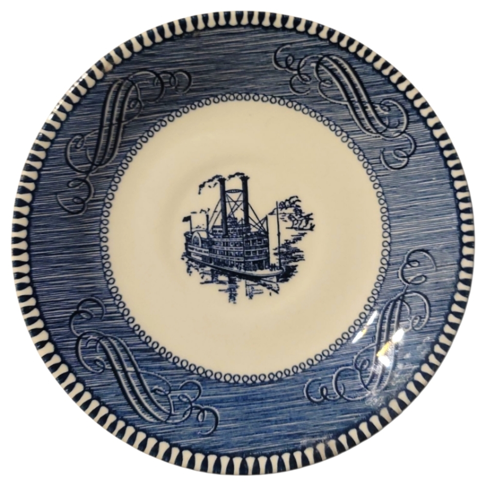 Vtg 50's Currier & Ives Blue White Saucer Low Water On The Mississippi Steamboat